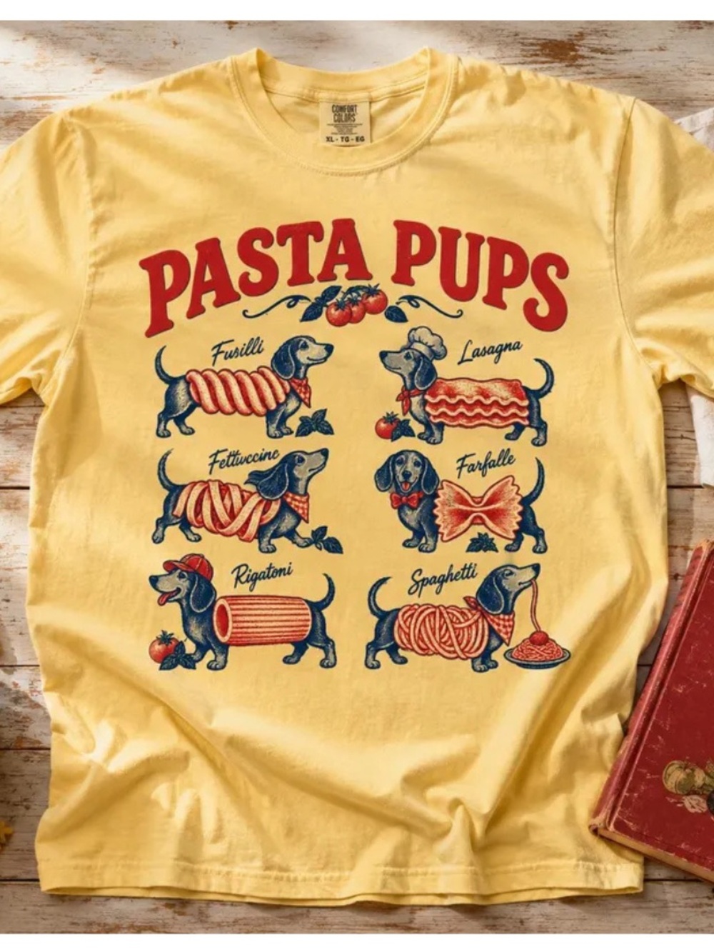 Pasta Pups Graphic Tee, Comfort Yellow Cute Dog Shirt